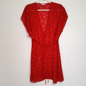 Y2K Red Sheer Burnout Robe Tie Waist Lingerie M Coquette Old Hollywood